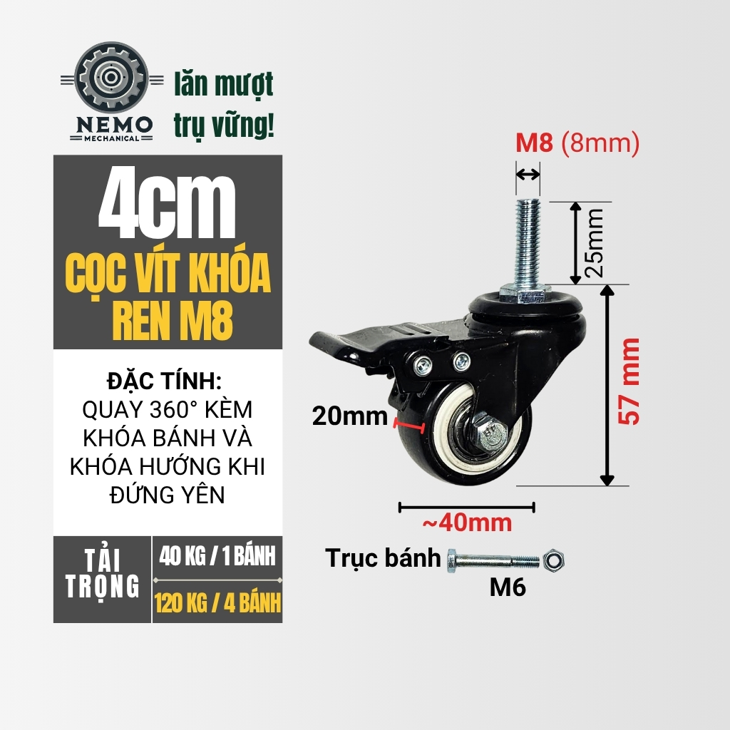 Bánh xe đẩy hàng đen trắng, loại cọc vít, có bạc đạn, đường kính bánh 4cm và 5cm, 40-50kg/1bánh